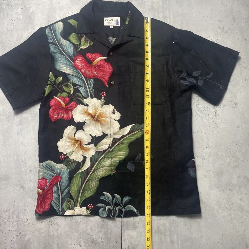Vtg 60s Iolani Hawaiian Shirt Single Stitch Shoulder Pad Mens Small Black Floral - Picture 6 of 7